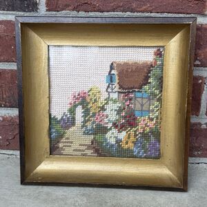 Vtg Framed Needlepoint Pathway Flowers Picture Embroidered Gold & Wood Frame